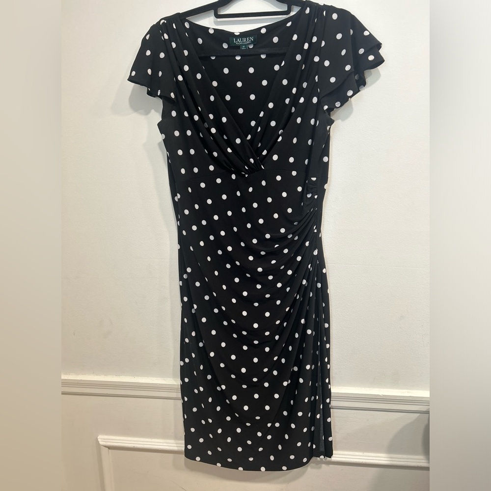 LAUREN Ralph Lauren Size 12 Polka Dot/ Black Dress Flutter sleeves, knee length